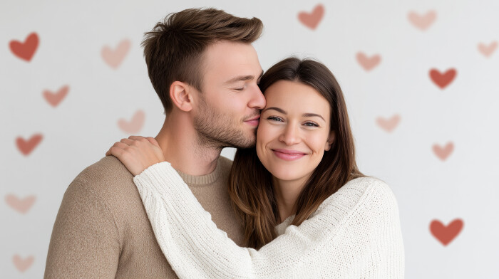 Vor einem Hintergrund mit roten und rosa Herzen steht ein j&uuml;ngeres Liebespaar. Links steht der Mann, er tr&auml;gt einen hellbraunen Pulli. Er hat kurzes hellbraunes Haar und einen leichten Bartansatz. Er dreht seinen Kopf nach rechts und k&uuml;sst die Frau, die neben ihm steht, mit geschlossenen Augen auf die Schl&auml;fe. Die Frau ist etwas kleiner, tr&auml;gt einen wei&szlig;en Pulli, hat langes braunes Haar. Sie legt ihre linke Hand auf die rechte Schulter des Mannes und l&auml;chelt in die Kamera.