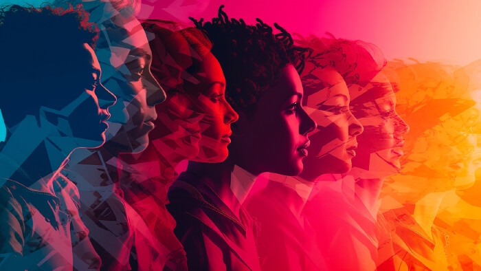 mehrere Köpfe mit Farbverlauf von blau nach gelb