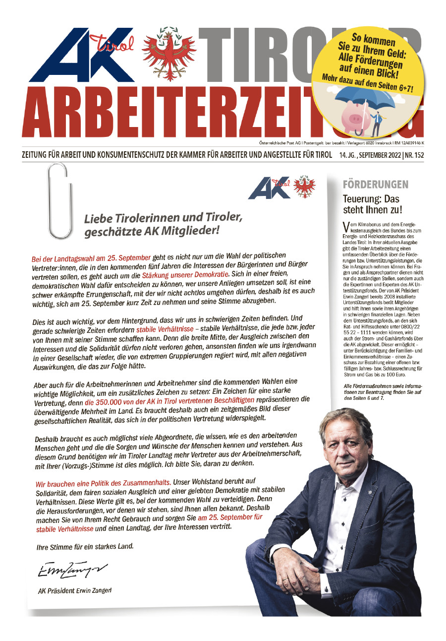 Titelseite Tiroler Arbeiterzeitung September 2022