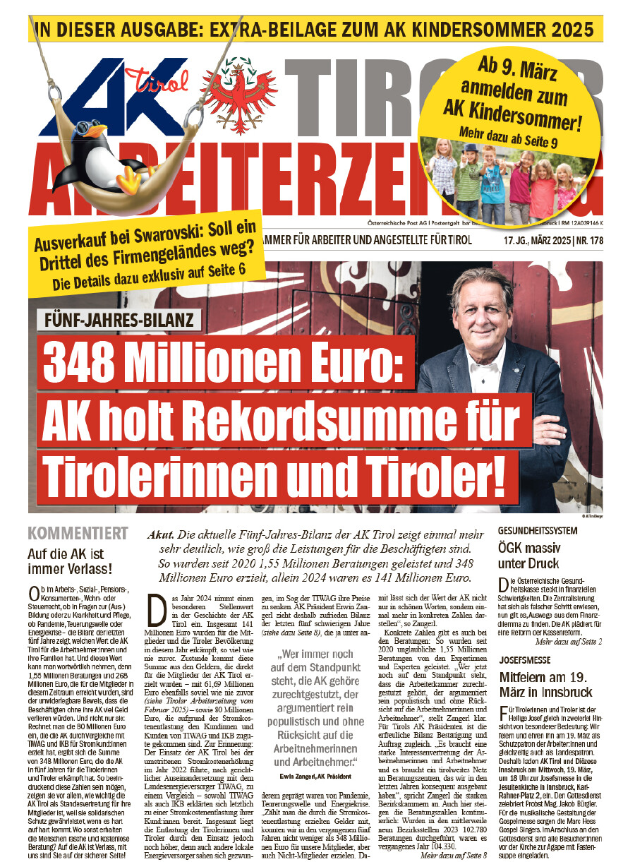 AZ Ausgabe März 2025 © AK Tirol Titelseite AZ März 2025