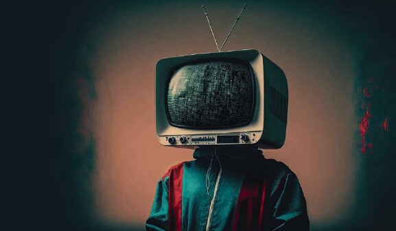 Person im Retro-Jogginganzug hat über den Kopf ein altes TV-Gerät gestülpt