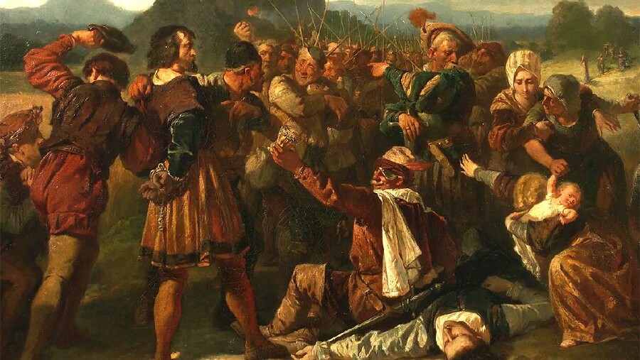 Grafik, die den Bauernkrieg darstellt - M&auml;nner, Frauen und Kinder beim K&auml;mpfen