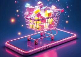 Einkaufswagen auf dem Handy, symbolisiert Online-Shopping