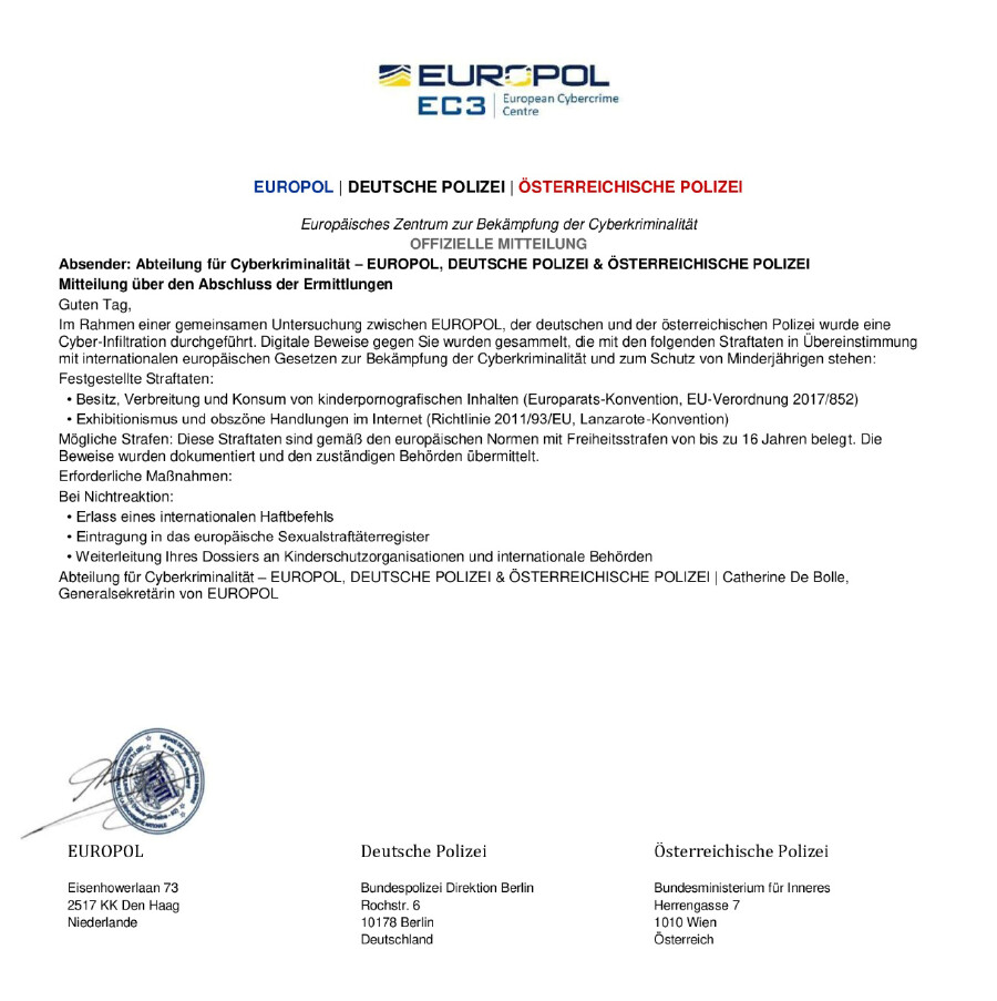 Beispiel eines Betrugsmails im Namen von Europol