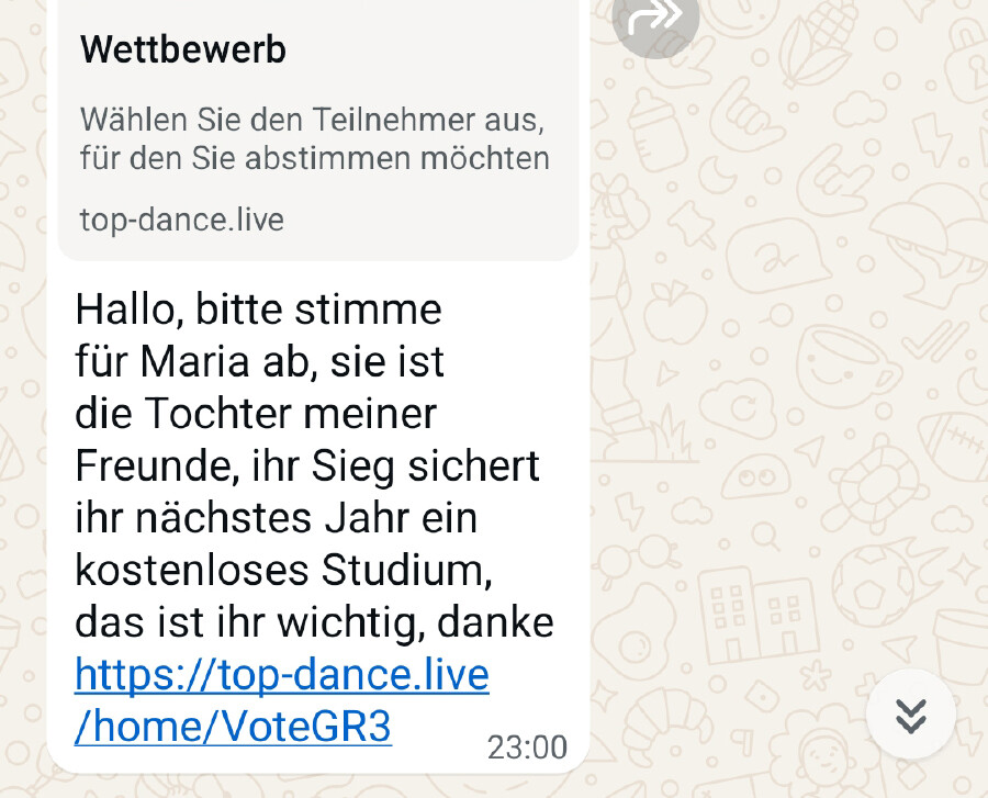 Hier ein Beispiel derartiger betrügerischer WhatsApp-Mitteilungen © AK Tirol Foto mit einem Beispiel derartiger betrügerischer WhatsApp-Mitteilungen