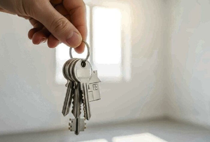 Eine linke Hand h&auml;lt einen Schl&uuml;sselbund, im Hintergrund sieht man einen leeren Raum und ein Fenster, durch das Licht einf&auml;llt.