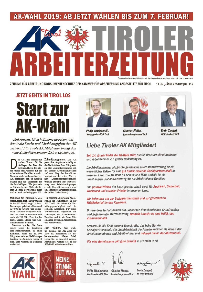 Titelseite der AK Tirol vom Jänner 2019
