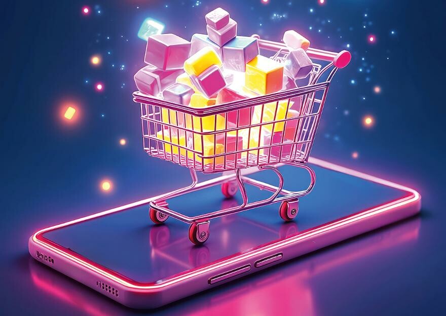 Cover WISO Vorsicht Konsum © miss irine, stock.adobe.com Einkaufswagen auf dem Handy, symbolisiert Online-Shopping