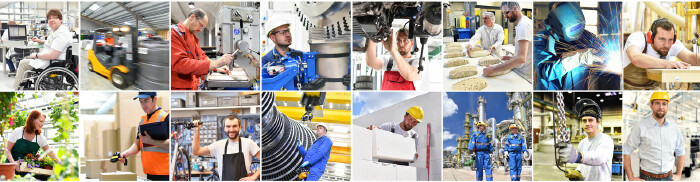 Eine Collage unterschiedlichster Arbeitspl&auml;tze im Industrie- Handwerks- und Dienstleistungssektor.