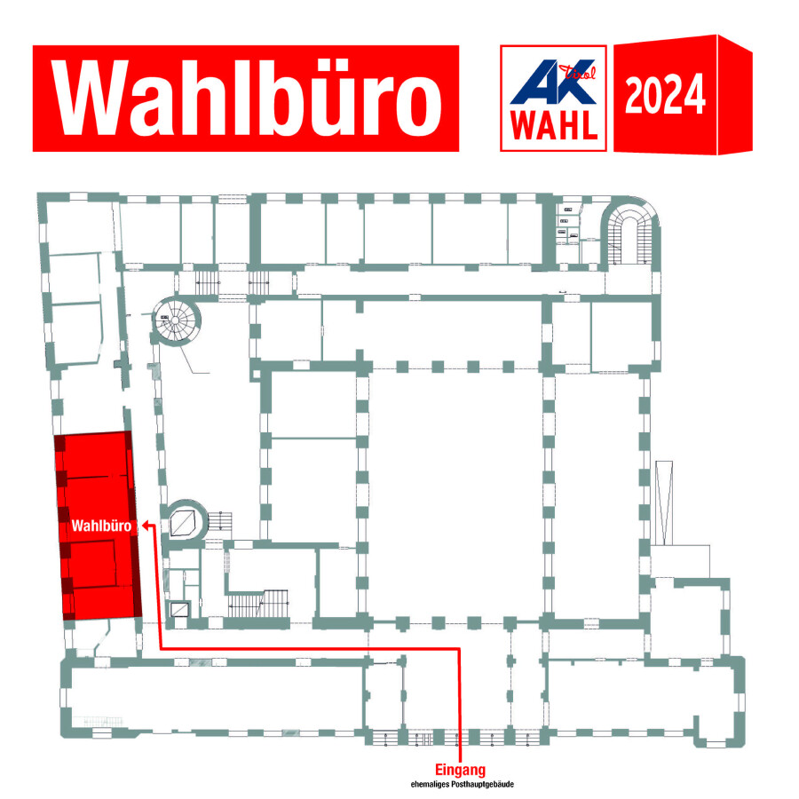 Ein Lageplan des Wahlbüros im ehemaligen Hauptpostgebäude in der Maximilianstraße in Innsbruck.