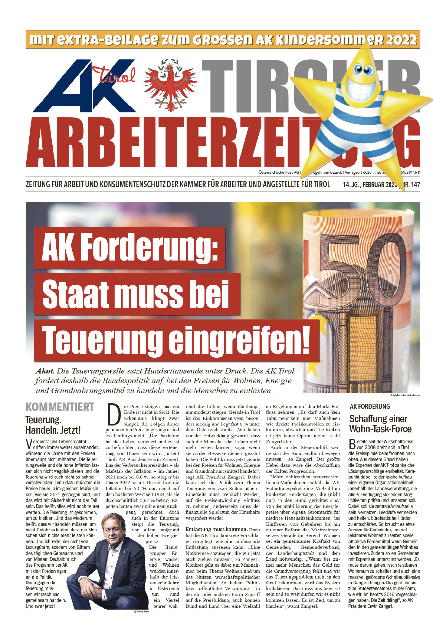 Titel Tiroler Arbeiterzeitung Februar 2022 © AK Tirol
