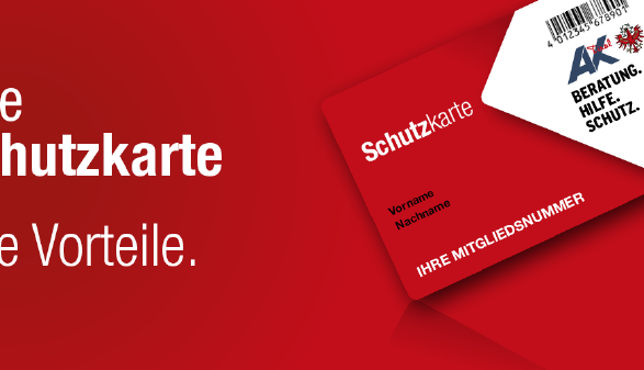 Wei&szlig;er Text auf rotem Hintergrund: Ihre Schutzkarte. Ihre Vorteile. Die neue AK Schutzkarte auf rotem Hintergrund.