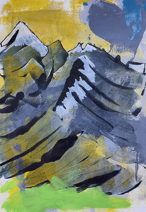 Werk von Waltraud Dietrich unter dem Titel Heimweh - zu sehen auf dem Bild: gezeichnete Berge