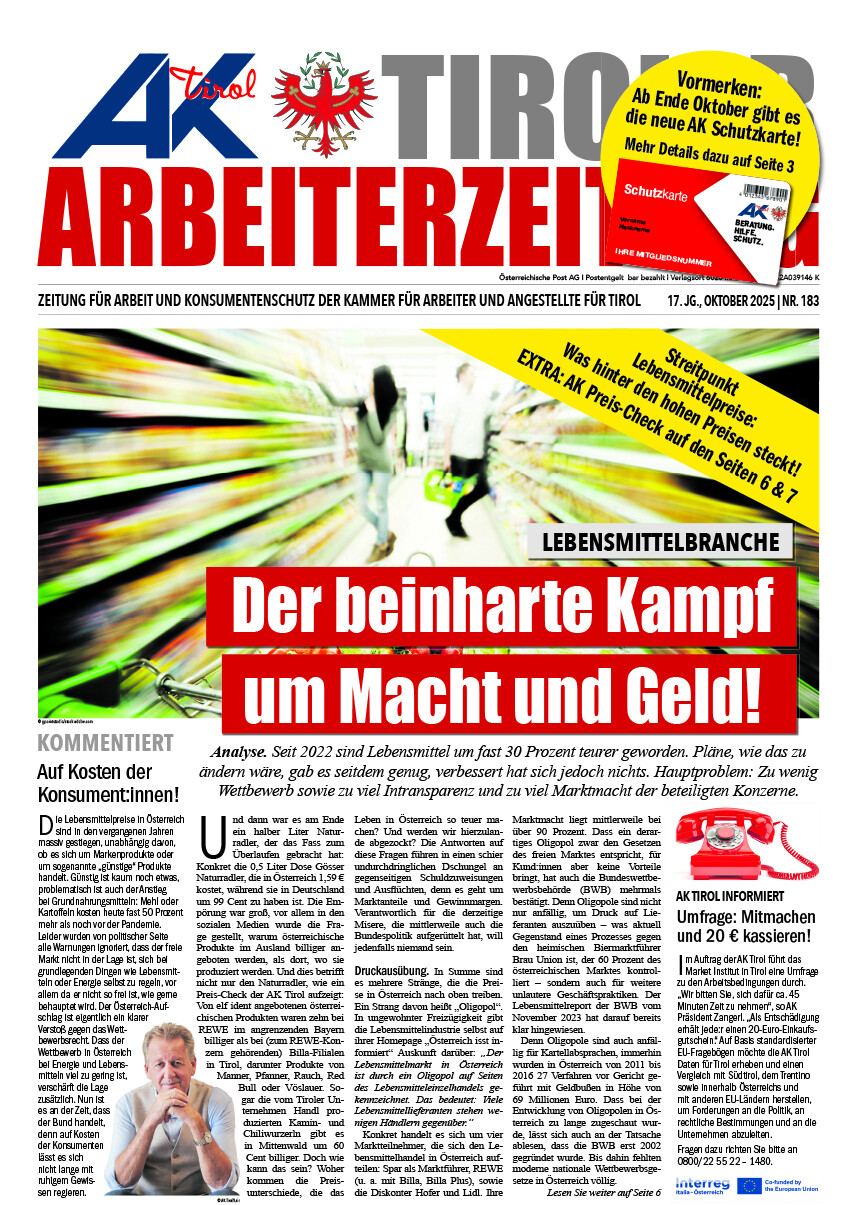 Titelseite Tiroler Arbeiterzeitung Oktober 2025