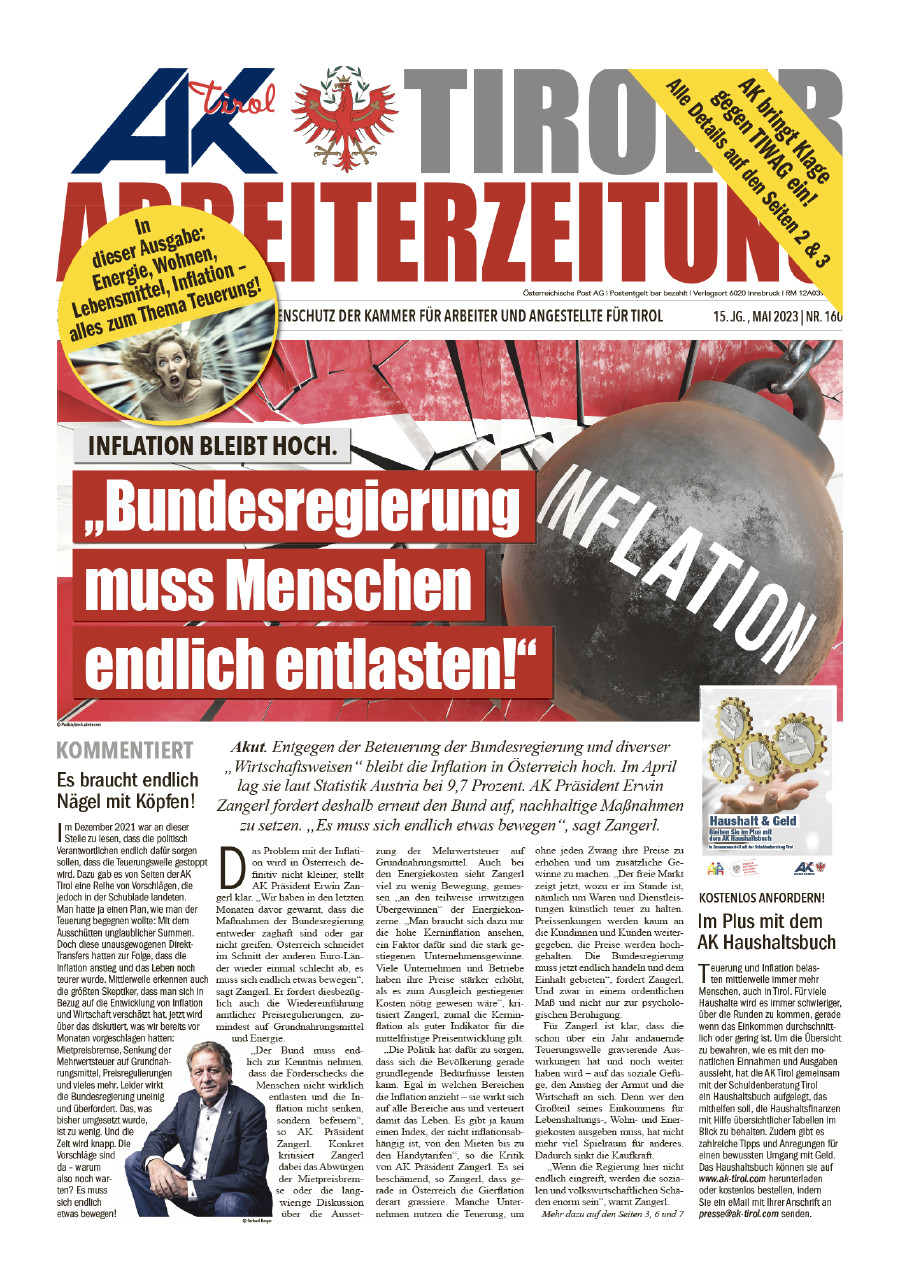 Titelseite der Mai-Ausgabe der Tiroler Arbeiterzeitung.