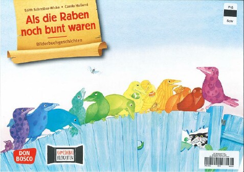 Titelbild des Bilderbuches mit bunten Raben, die auf einem Zaun sitzen