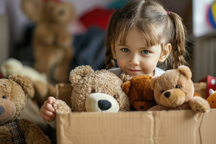 kleines Mädchen hält einen braunen Pappkarton mit drei Teddybären