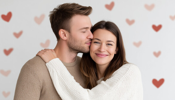 Vor einem Hintergrund mit roten und rosa Herzen steht ein j&uuml;ngeres Liebespaar. Links steht der Mann, er tr&auml;gt einen hellbraunen Pulli. Er hat kurzes hellbraunes Haar und einen leichten Bartansatz. Er dreht seinen Kopf nach rechts und k&uuml;sst die Frau, die neben ihm steht, mit geschlossenen Augen auf die Schl&auml;fe. Die Frau ist etwas kleiner, tr&auml;gt einen wei&szlig;en Pulli, hat langes braunes Haar. Sie legt ihre linke Hand auf die rechte Schulter des Mannes und l&auml;chelt in die Kamera.
