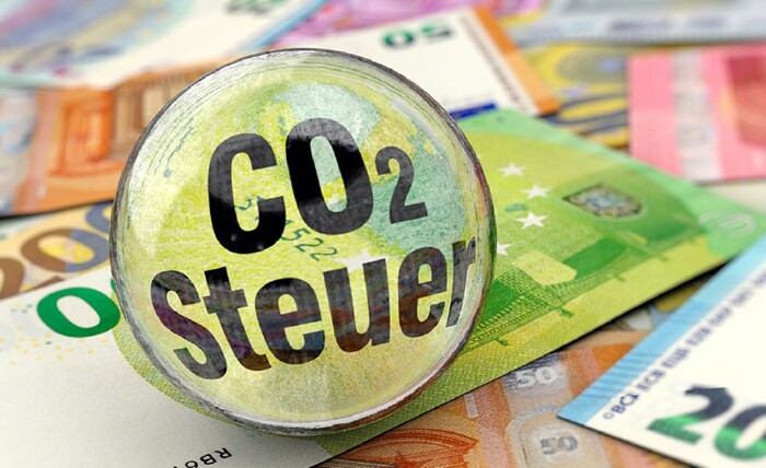 Euro-Scheine mit Lupe, in der CO2-Steuer steht